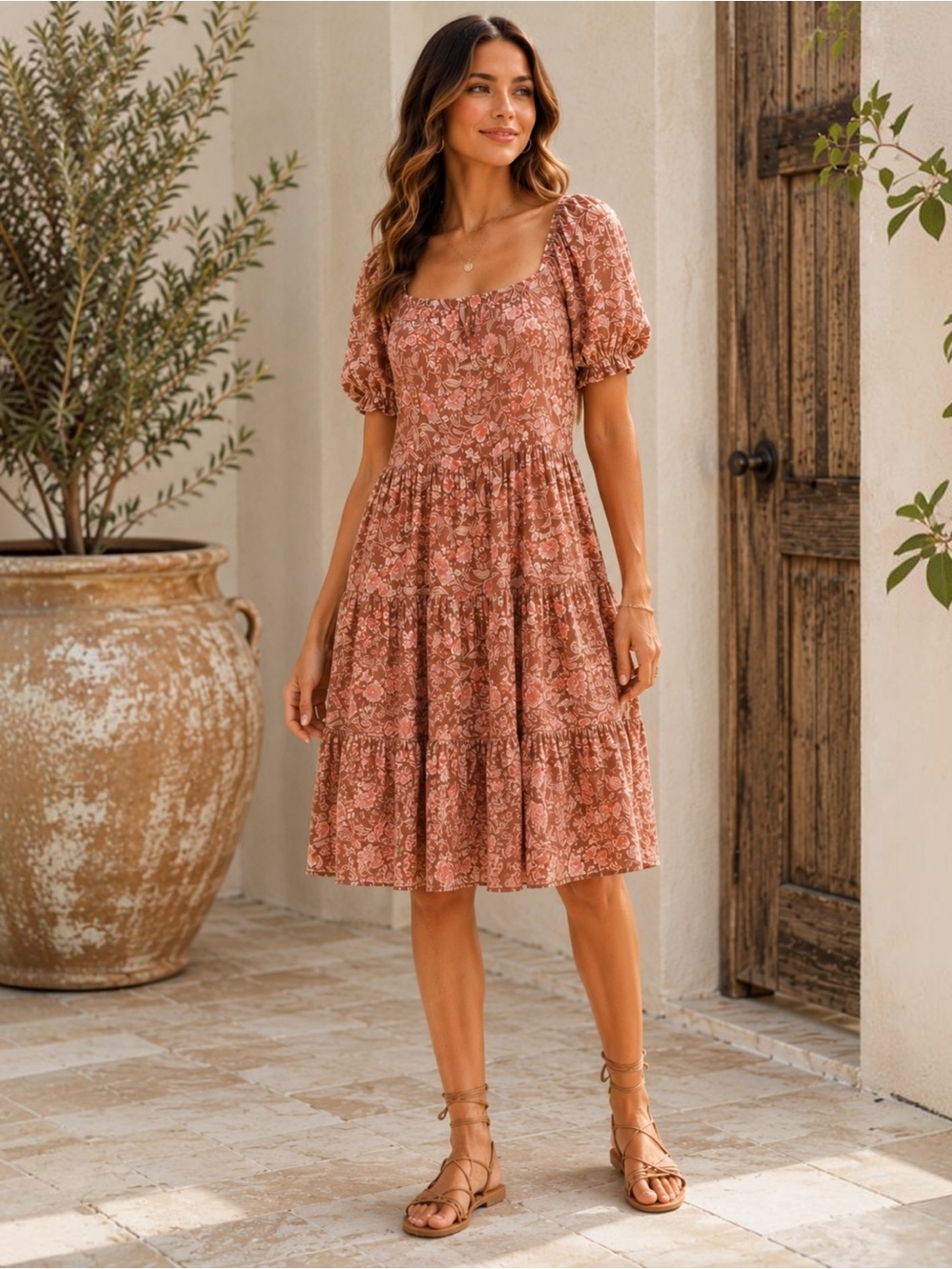 NWT Lucky Brand Mocha Floral Puff Sleeve Tiered Knee Dress Medium